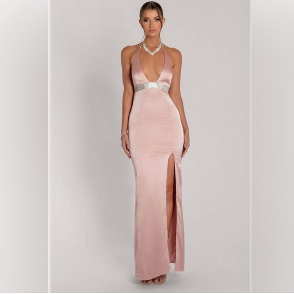 NWT Meshki Kailey Halter Diamante Trim Maxi Dress Dusty Pink
